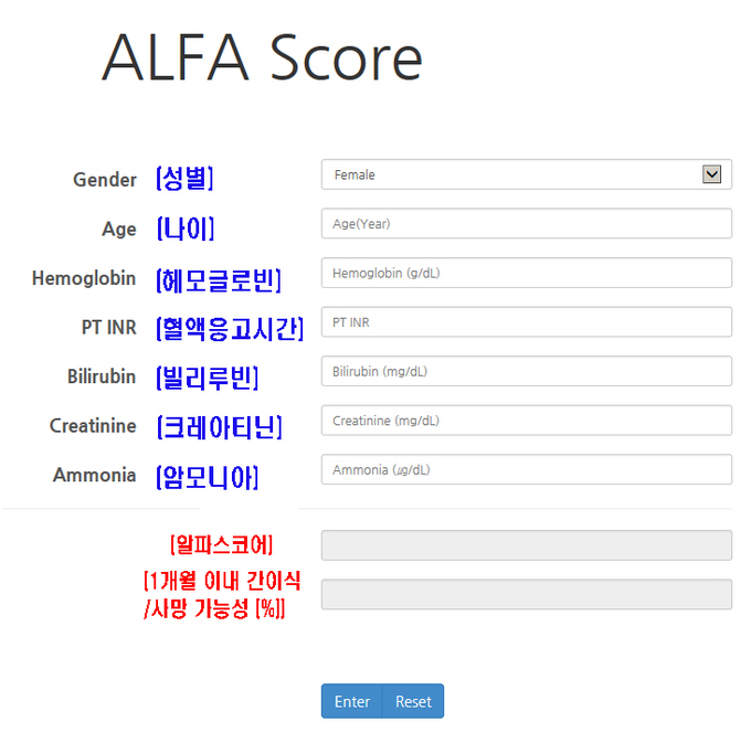 연구진이 개발한 알파스코어. 웹사이트에 접속해 간단한 혈액검사 결과를 입력하면 급성 간부전 환자의 1개월 이내 간이식 또는 사망 위험이 계산된다. (//www.thealfascore.com).