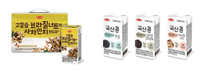‘고칼슘 브라질너트와 사차인치 전두유®’(左)와 ‘완全전두유 국산콩’ 신제품 3종(右)