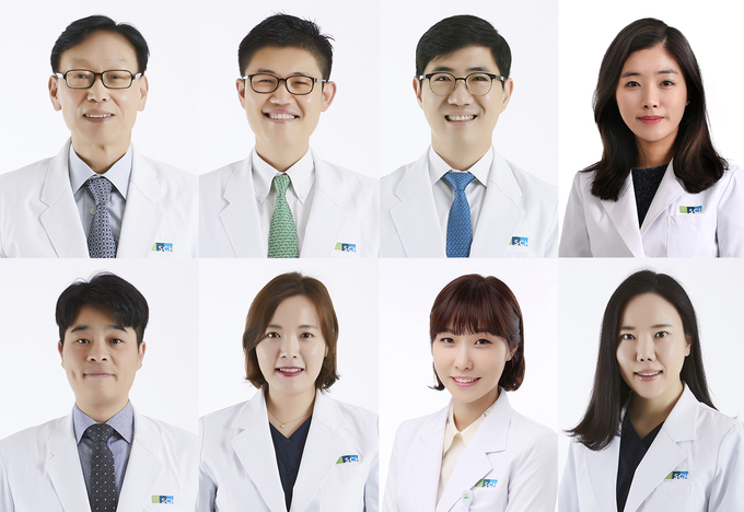 (상단 좌부터) 박춘식 호흡기알레르기내과 교수, 이영구 정형외과 교수, 이시형 안과 교수, 최서연 영상의학과 교수(하단 좌부터) 김웅빈 비뇨의학과 교수, 백애린 호흡기알레르기내과 교수, 이지원 정신건강의학과 교수, 이유민 소아청소년과 교수