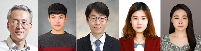 좌부터 기초과학연구원 시냅스 뇌질환 연구단 김은준 단장, 강무원 대학원생, 고려대학교 의과대학 뇌신경과학교실 한기훈 교수, 장은화 박사, 강혜림 대학원생