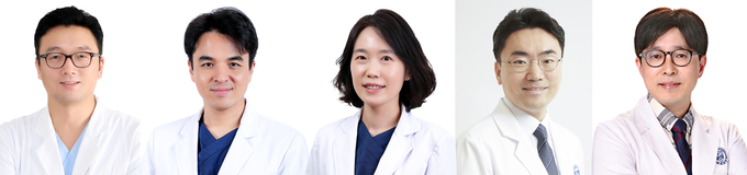 좌부터 경희대병원 이비인후과 은영규 교수, 고려대학교 구로병원 대장항문외과 강상희 교수, 고려대학교 안암병원 소화기내과 임선영 교수, 분당차병원 외과 이성환 교수, 세브란스병원 신경외과 김의현 교수.